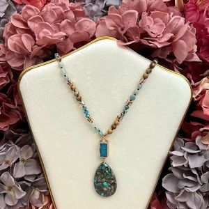 Boho Natural Blue Ocean Jasper Pendant Beaded Necklace & Druzy Stone